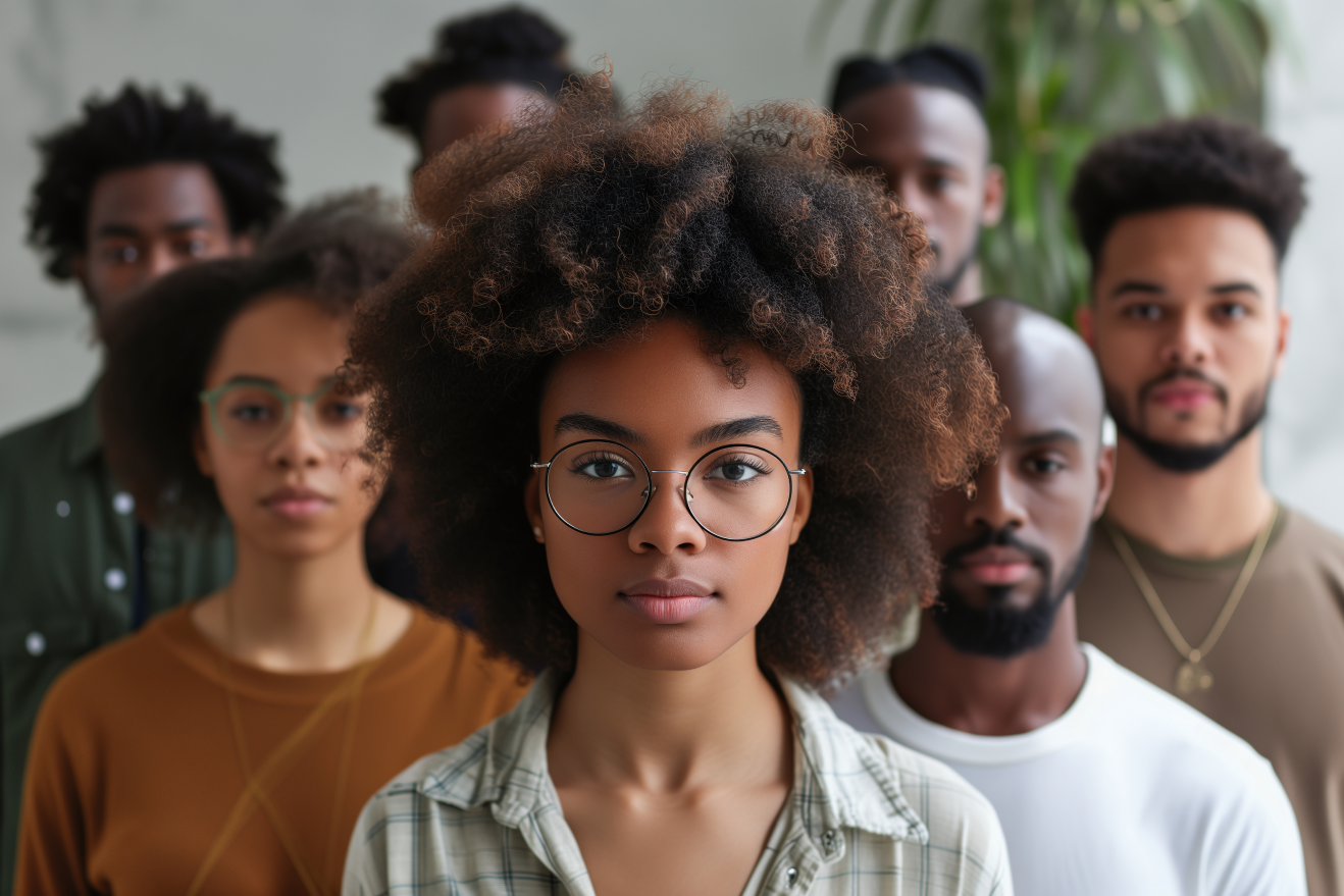 Uma jovem mulher preta em foco, em frente a uma turma de outros jovens estudantes.